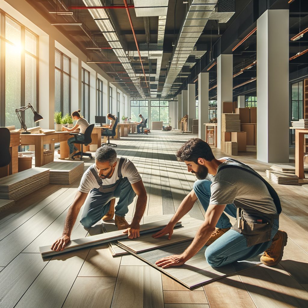 Flooring contractors laying resilient floor planks in a modern commercial building interior